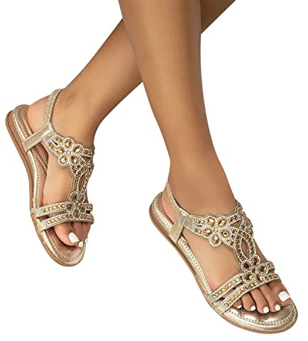 tinetill Sandales Plates Femmes Strass Boho T-Strap Sandales D'été Semelles Souples Chaussures D'été Bande Élastique Slingback Toe Post Sandales Chaussures De Plage Plage Casual Chaussures