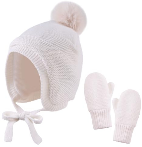 Basic Winter Baby Beanie Gloves Boys Girls Knitted Hat Pompom Kids Earflap Hats Warm Infant Toddler Beanie Mittens Set(White(Hat+Gloves),M)