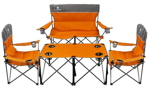 CAMPHILL Camping Set of 4 including Table. Heavy Duty Outdoor Folding Chairs with Cup Holder. Collapsible, Includes One Sofa & Two Single Chairs, Plus Camping Table
