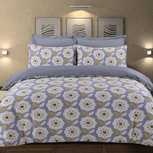 DTEX HOMES Super King Duvet Set 220 Thread Count 100% Pure Cotton Reversible Printed Hotel Quality Duvet Cover Ultra Soft Easy Care Luxury Super King Duvet Cover Set (Daffodil)