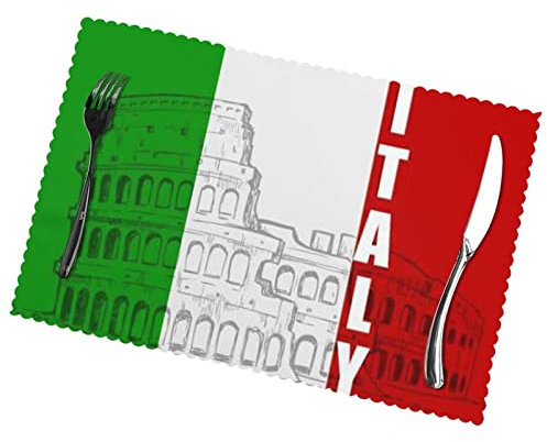 JCAKES Tischset mit römischem Kolosseum, italienische Flagge, Tischsets, 45 x 30 cm, für drinnen und draußen, Tischset für Urlaub, Bankett, Küche, Tischdekoration, maschinenwaschbar, 6 Stück