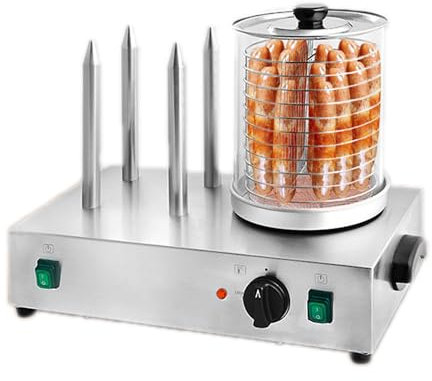 BDJSN Máquina para Hacer Salchichas Comercial, Vaporizador Eléctrico Profesional para Perros Calientes De 600 W, Calentador De Pan De Acero Inoxidable, Calentador De Salchichas, 4 Brochetas