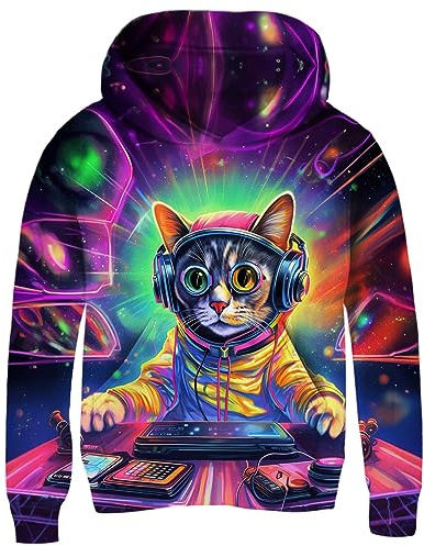 Fanient Huvtröja i ull med 3D-tryck för pojkar och flickor barn huvtröja med kängurufickor, Dj katt, 8-11 años