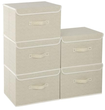 ENUMAIL 5 Pezzi Scatole Portaoggetti Pieghevole con Coperchi, Cubo di Stoccaggio in Tessuto con Manici, per Vestiti da Letto a Casa, Ufficio, Scuola, 33×23×20cm, Grigio Beige