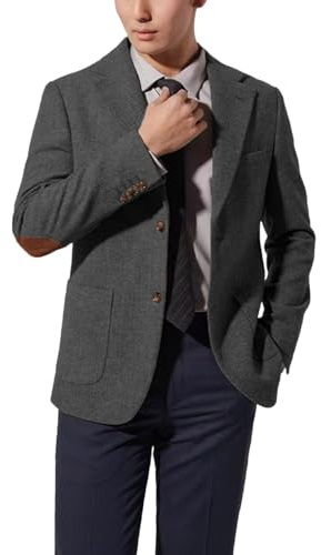Mens Blazer Vintage Herringbone Tweed Jackets Two Button Sport Coat with Pocket Square with Elbow Patches Dark Grey