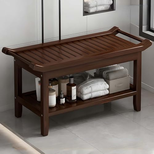 GAOCUNBING Banc de Douche en Bambou, Tabouret à Langer avec étagère de Rangement, Banc de Douche avec poignées, Repose-Pieds de Douche pour intérieur ou extérieur A 80cm,Curve