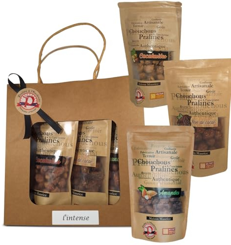 Pralines à l'Ancienne – Caja de regalo de Pralines «Intense» – Cochú Artesanal, Almendras, habas de Cacao, cacahuetes – 3 bolsas para aperitivos – 400 gr– fabricadas en Francia