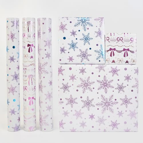 Christmas Wrapping Paper Roll,3 Rolls 43cm x 3m Xmas Gift Wrapping Paper | Metallic Xmas Wrapping Paper Snowflake Bows Wrapping Paper for Christmas,Party,Festive Decorations
