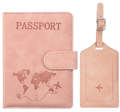 Earthel Passport Holder Set with Magnetic Buckle, Pink Passport Holder with RFID Blocking Function and Luggage Tag for Storing Passports, Boarding Passes, Business Cards and Various Travel Documents