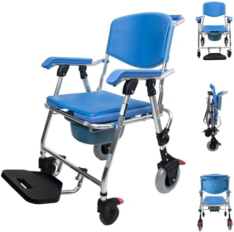 VFDZ Silla para Ducha para Personas Mayores con Ruedas, 3 en 1 Silla Ducha WC con Ruedas Plegable, Cómoda Silla Ruedas Ducha/Inodoro Estrecha para Minusvalidos y Personas Mayores