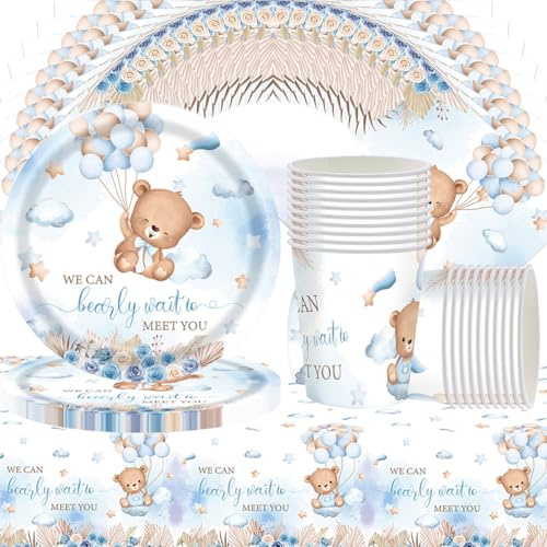 Juego de decoración para fiestas de 61 piezas con diseño de osos, que incluye decoraciones temáticas de osos y cubiertos para fiestas de bautizo de bebés, incluyendo servilletas, vasos de papel