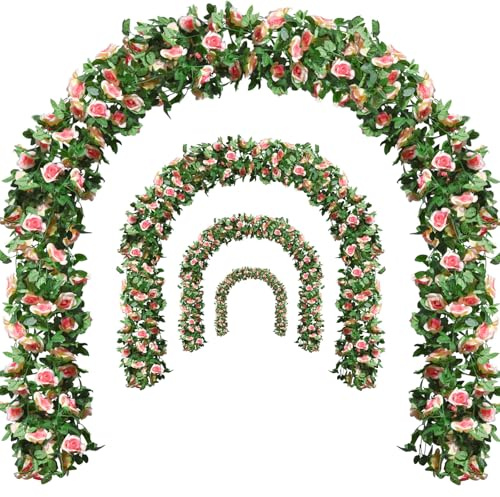 Bacucine Blomma girlang ros vinstockar 4 st 60 m falsk siden ros hängande vinstock med gröna blad för bröllopsfest trädgård väggbåge heminredning (rosa)