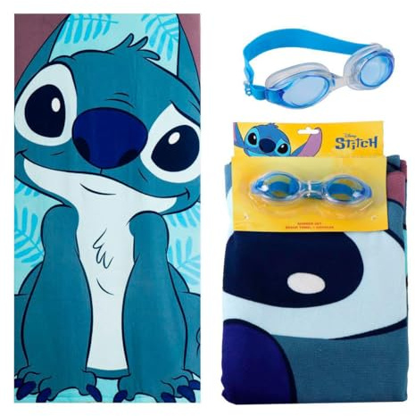 The Geeky Pop Disney Stitch - Cofanetto da spiaggia per bambini – Asciugamano da spiaggia 70 x 140 cm + Occhiali da nuoto – Set ufficiale per piscina, morbido e assorbente, ideale per vacanze