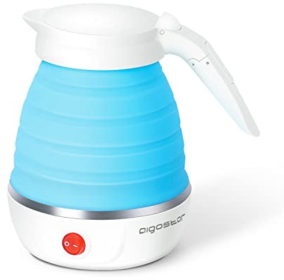 Aigostar Sapphire - Mini Bouilloire Electrique de Voyage, Bouilloire Pliable Portable 600ml, Petite Bouilloire Electrique Avec Base en Acier Inox, Fermeture et Chauffage Automatiques, Sans BPA, 1000W