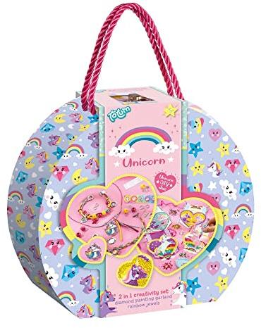 Totum 71506 Geschenkbox 2in1: Diamond Painting und Schmuckbastelset – Gestalte Einhornbilder mit wunderschönen Glitzersteinchen und Armbänder mit bunten Perlen und Charms, Mittel