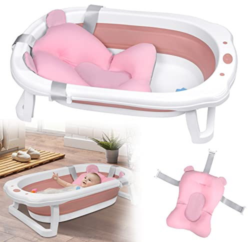 LZQ Bañera para bebé, bañera plegable con red para bebés, orificio de drenaje, estable, antideslizante, portátil, adecuada para bebés de 0 a 8 años de edad, color rosa