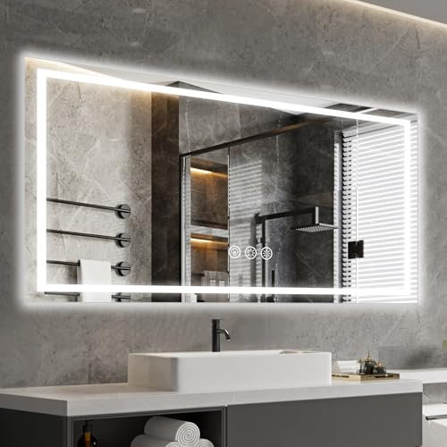 Ratsamee LED Bathroom Wall Mirror with LED Lights - 500×1000 MM Anti-Fog Vanity Mirror, 3-Color Dimmable Frontlit Illumination for Makeup, Wall Mounted Bathroom Lighting