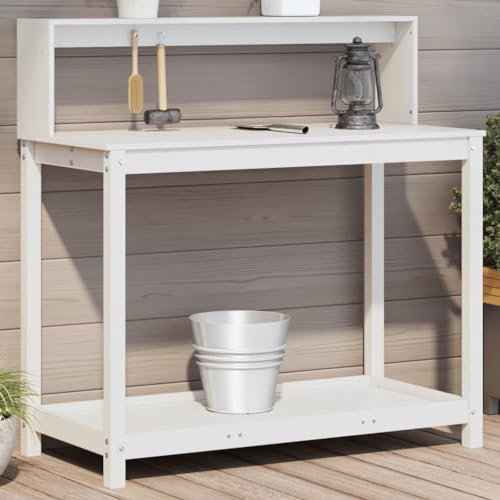 LAPOOH Planteringsbord med hyllor trä vit furu 108 x 50 x 109,5 cm, grönsaksväxthus, trädgårdsarbetsbänk, arbetsbänk för blomkrukor, trädgårdsbord - 832413