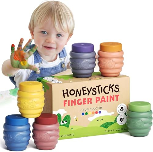 Honeysticks Non Toxic Finger Paint (6 Bright Colors), Washable from Skin, Safe Finger Painting for Toddlers, Kids Ages 1-3, 2-4, 3-5, Perfect First Paint for Little Artists Age 1+, Water Based, Eco