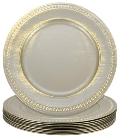 sourcing map Lot de 10 assiettes de présentation vintage en vrac, 33 cm en plastique avec perles pour assiettes plates, chargeur rond pour fête de mariage, événement, décoration de table, gris