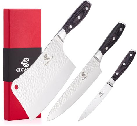 EIXVEYU Set di coltelli 3 pezzi Coltello da macellaio Coltello da chef coltello da frutta, coltello da cucina forgiato Coltello da taglio per ossa Coltello da carne,manico in legno e confezione regalo