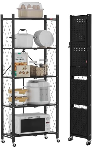 DEANIC Estantes de Almacenamiento Plegables, 5 Niveles de Metal para Almacenamiento, 61 x 147 x 28 cm, estantes esquineros de Cocina con Ruedas, estantes de despensa, estantería para Sala de Estar,