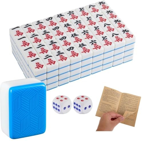 EatingBiting Set Mahjong cinese di grandi dimensioni da 4,1 cm, gioco da tavolo classico con oltre 146 piastrelle colorate blu, indicatore del vento e dadi grandi + piastrelle Mahjong in melamina con