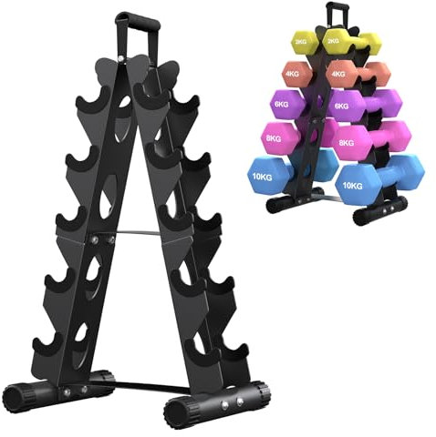 KingMile 5-Etagen Hantelständer aus Metall, A-Rahmen Design mit Griff, Platzsparendes Fitness-Rack für Home-Gym (Hanteln separat erhältlich)