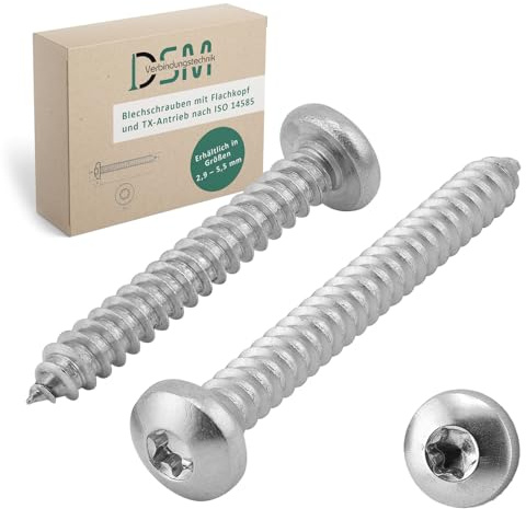 DSM | Tornillos de cabeza plana para chapa ISO 14585 | 3,9 x 38 mm | Acero inoxidable A2/V2A | resistente a la oxidación y autoperforante | Tornillos para madera Torx, tornillos de cabeza alomada