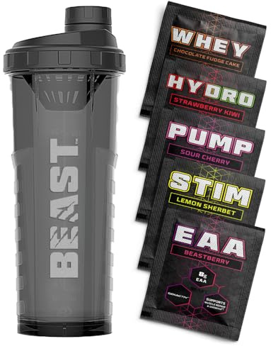 Beast Pharm Beast | Protein Shaker Bottle Sports Supplements Samples | 5 Sachets + 1000ml Shaker Gym Gift Set | Stim, Pump, Whey, Hydro and EAA