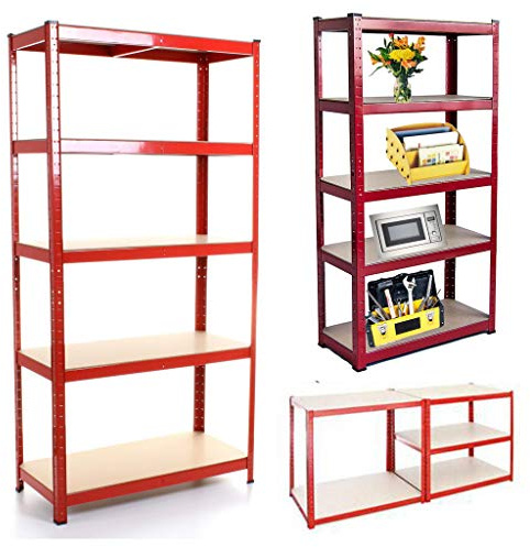 Scaffali da garage resistenti a 5 ripiani, 150 cm x 75 cm x 30 cm, capacità 875 kg, scaffali per magazzini, capannoni, ufficio e officina, soluzione di scaffalatura rossa
