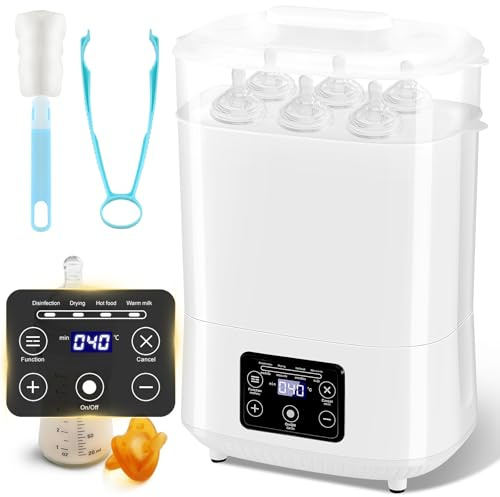 Baby Bottle Sterilizer and Dryer, 4-in-1 Large Electric Steam Baby Sterilizer and Dryer with LED for Hold 6-8 Bottles, 2 Layers All-in-One Sterilizer with Disinfect, Hot Milk, Steam and Dry