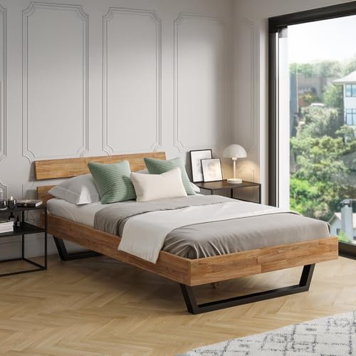 skølm Alver Massivholzbett 120x200 cm – Bettgestell aus Massivholz Eiche geölt – Holzbett mit schwarzen Metallkufen – hochwertiges Bett mit 2 Streben als Bettkopf – Bettrahmen geeignet als Doppelbett