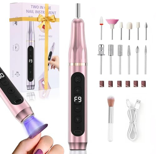 XunmotorYao Ponceuse pour Ongles,12 en 1 Lime Ongle Electrique sans Fil avec Lampe UV et LCD Numérique,20000 tr/min Vitesses Réglables,Professionnelle Kit de Manucure Pédicure,Rose