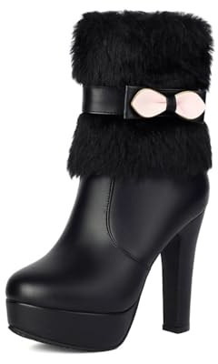 Générique Femmes Talons Hauts Épais Bottes Courtes d'hiver Bout Rond Bottes À Plateforme avec Nœud Cuir PU Bottines AVCE Fermeture Éclair sur,Noir,41.5 EU