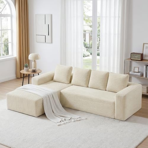 Sapgaks Divano ad Angolo 4 Posti, Divano 3 Posti, Divano Modulare Completo con Chaise Longue a Forma di L, Senza Necessità di Montaggio (Più Tessuto a Costine), Beige