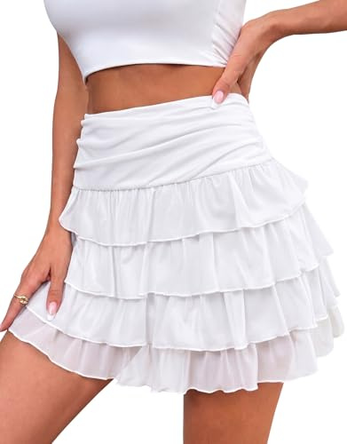 Adigaber Mini Falda de Mujer Volante Cintura Alta con Pantalón Corto | Corto,Tul,Forro de seguridad,Malla,Cintura elastizada,Color Sólido,Estampado,Control abdominal,Transpirable,Fiesta,Vacaciones