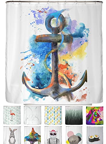arteneur® - Wasserfarben Anker - Anti-Schimmel Duschvorhang 180x200 - Recycelt mit Öko-Tex Standard 100 - Beschwerter Saum, Blickdicht, Wasserdicht, Waschbar, 12 Ringe & E-Book