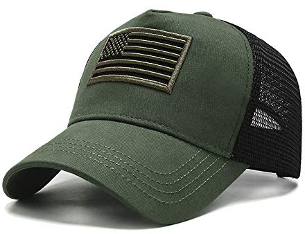 Uphily Army Green US American Flag Trucker Cap - Olive Mid Profile Curved Bill Patriotic Mesh Dad Hat for Men or Women