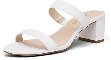 DREAM PAIRS Women's Two Strap Open Toe Low Block Chunky Heels Sandals Dress Pumps Casual Summer Mules Shoes,Size 8,White/Pu,DHS213