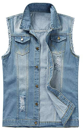 Män jeans denim väst mode jeans casual män fritid väst | Fritidsväst, ärmlös, sliten, knapprad, nedvikbar krage, blå