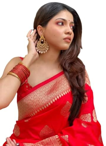 Flosive Women's Red Banarasi Silk Lichi Jacquard Woven Saree With Blouse, Festival Occasion, 5.5 Meters