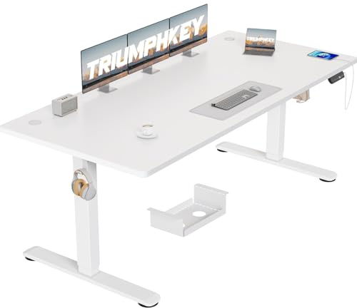 TRIUMPHKEY Scrivania Elettrica Regolabile in Altezza, 180 x 80 cm, 3 Funzioni Memoria, Porta USB, Con 2 ganci, Tavola Splice Standing desk, In Piedi Adatta Per Casa E Ufficio, Bianco+Bianco