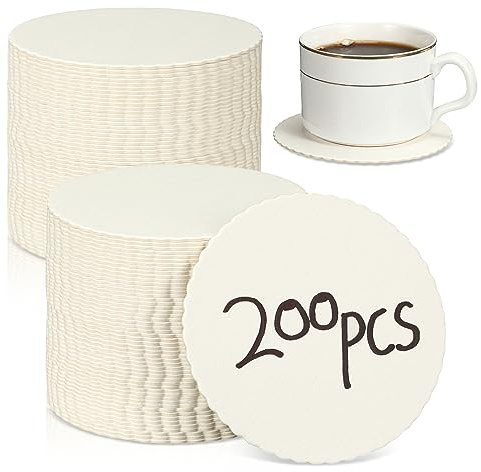 Harloon 200 Pcs Disposable Paper Coasters for Drinks Bulk 4 Inch Bar Cardboard Scalloped Edge Absorbent Round Coasters for DIY Crafts Cup Catering
