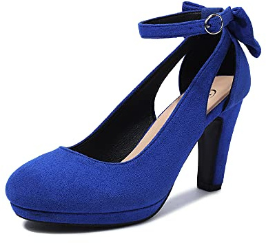 elerhythm Donne Mary Jane Tacchi con Arco Retro Chiuso Punta Rotonda Scamosciata Cinturino alla Caviglia Pumps Gatsby Vintage Scarpe (Blue EU37)