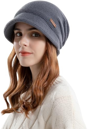 Enwokran Women's Winter Knit Visor Hat, Fleece Lined Warm Pullover Beret, Newsboy Cap with Brim, Cloche Ear Protection Hat for Women (Dark Gray)