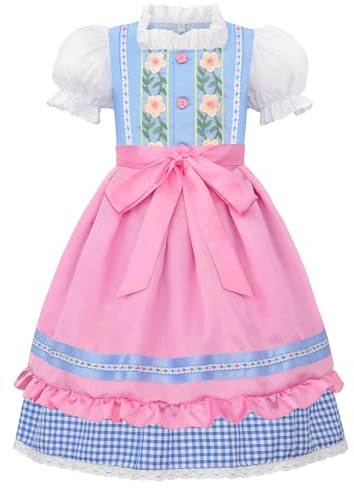 ReliBeauty Kids Girls Dirndl Dress Oktoberfest Costume German for Girls,Blue & Pink,110