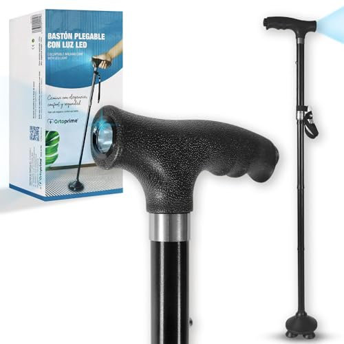 OrtoPrime Faltbarer Gehstock für Senioren mit LED-Licht - Höhenverstellbarer Spazierstock für Damen und Herren - Ergonomischer Gehstock, leicht verstellbar und tragbar
