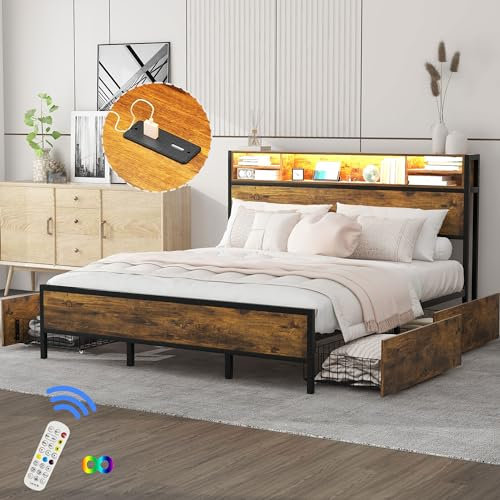 DuraB Letto in metallo, 180 x 200 cm, letto matrimoniale, a LED, con porta di ricarica USB, 4 cassetti con rete a doghe in metallo e testiera, per adulti, bambini