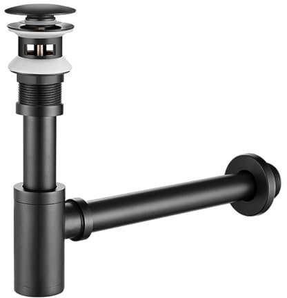 Siphon Waschbecken mit Ablaufgarnitur, Universal Röhrensiphon Abflussrohr, Abflussgarnitur Abfluss Waschbecken, mit Messing Sifon Ablaufventil Pop Up (Schwarz Set mit Überlauf)